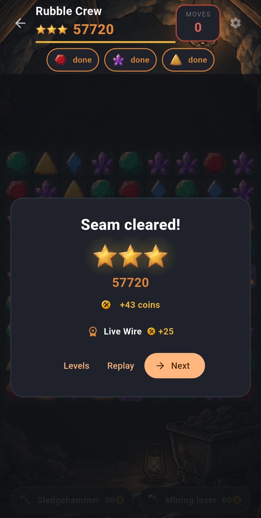 Seam cleared result screen showing three stars and coins earned